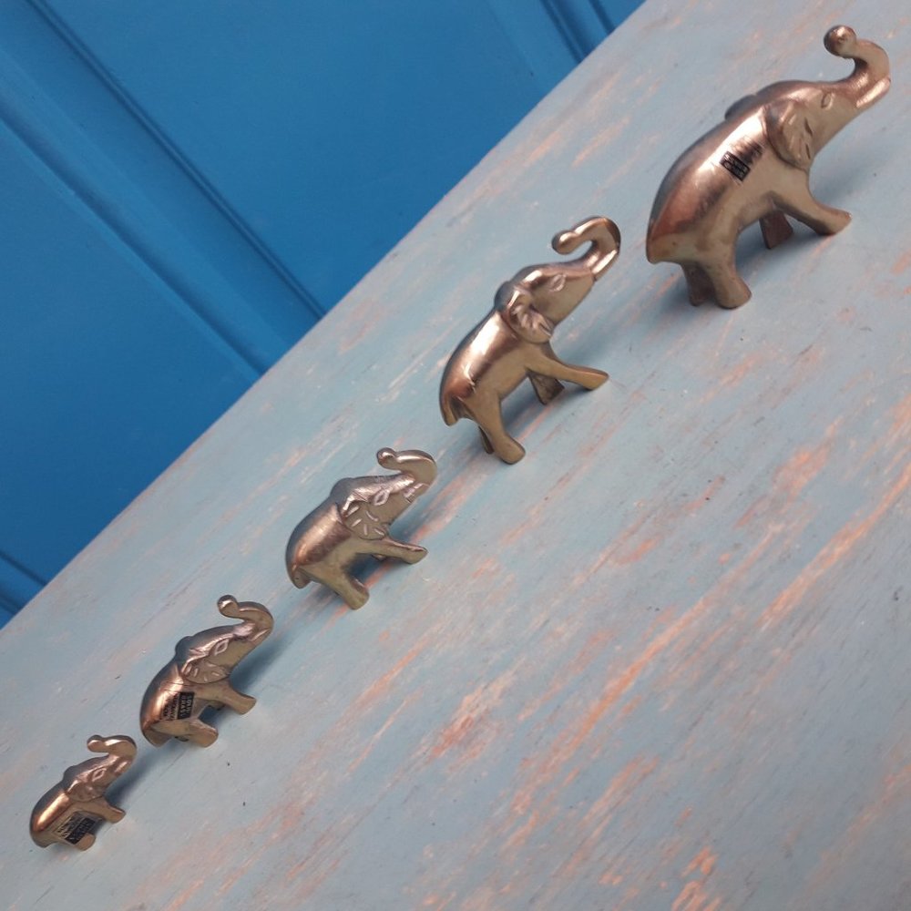 Elephants Vintage Brass Set of 5 Figurine Animals MCM Handmade Mid Century Gold